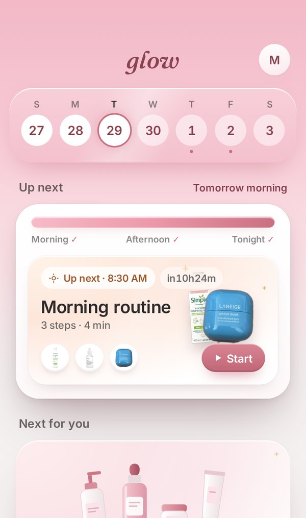 Glow Home: Up next, Morning routine at 8:30 AM, 3 steps, 4 minutes