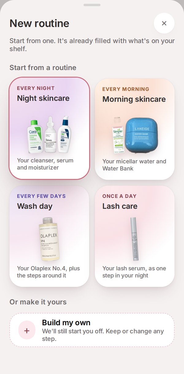 Start a routine from Night skincare, Morning skincare, Wash day or Lash care